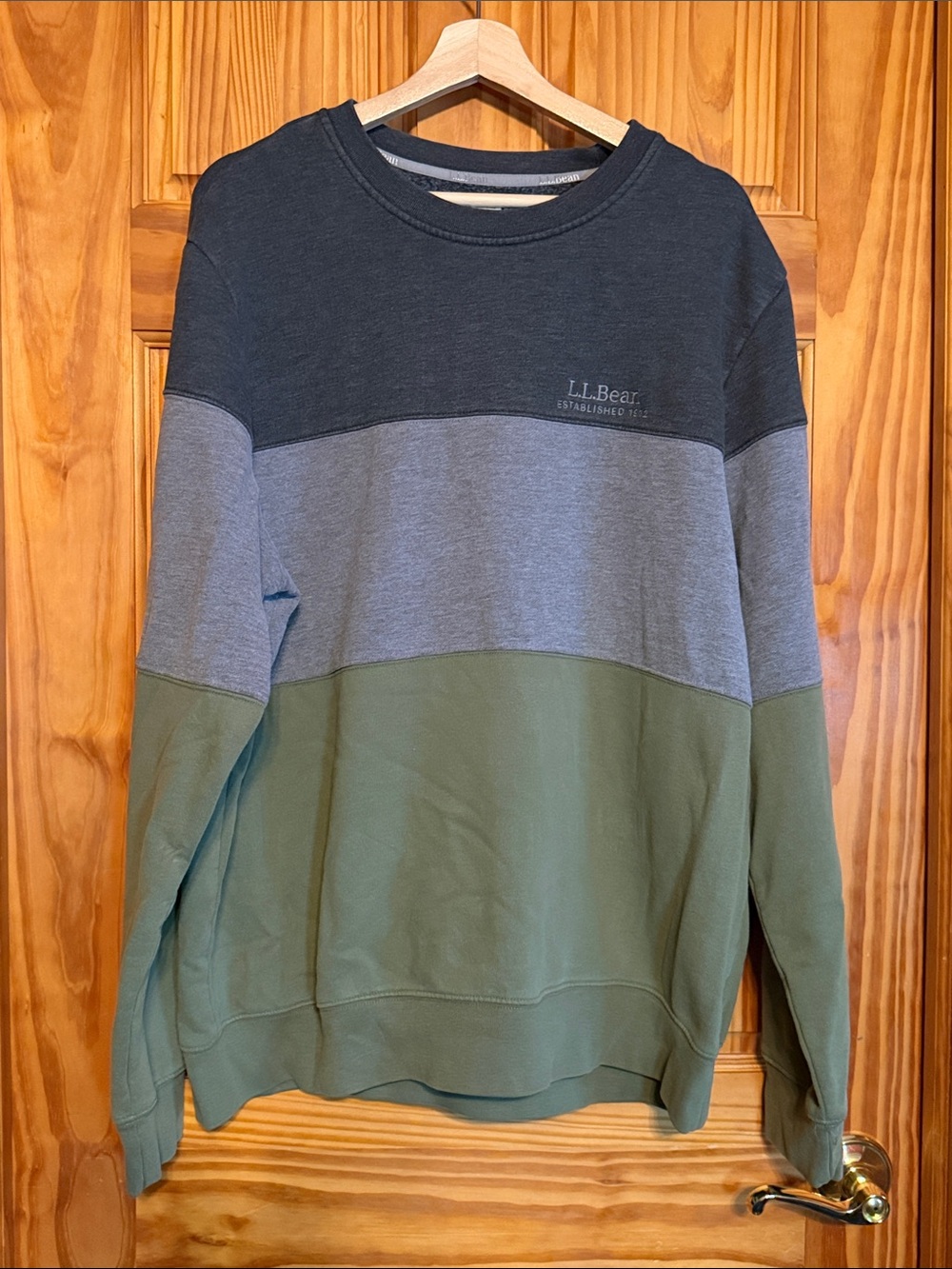 L.L. Bean Men's Three-Tone Crewneck Sweater in Black, Gray & Olive